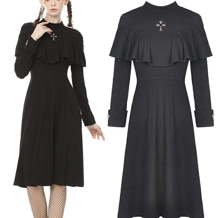 Women's Outerwear Garments Women's Vintage Gothic Cross Cape Sleeve Black Little Dress