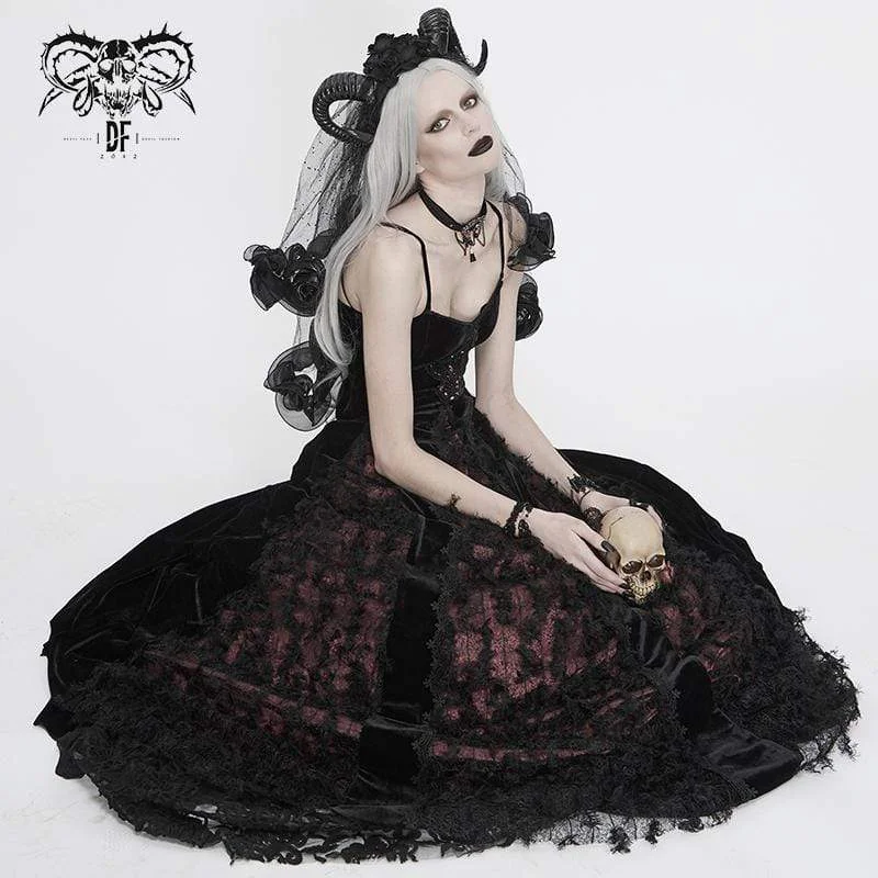 Women's Casual Attire Women's Vintage Gothic Wedding Dresses Black and Red Velvet and Lace Ankle Length Dresses