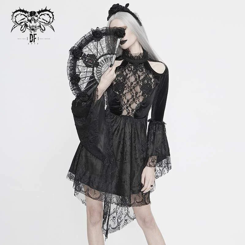 Women's Activewear Attire Women's  Vintage Gothic Black Lace Over-lay Short Dress with Full Flared Sleeves Wedding Dress