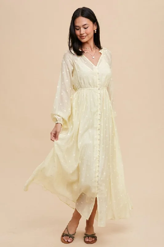 Women's Outerwear Attire Yellow Embroidered Button Down Maxi Dress