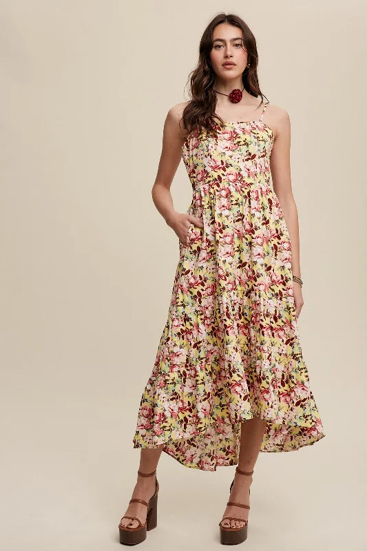 Women's Evening Garments Yellow Floral Tiered Hi-Low Midi Dress